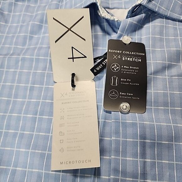 Report Collection Light Blue Plaid Shirt X4 Stretch Long Sleeve Size M 33-34 - Picture 10 of 10